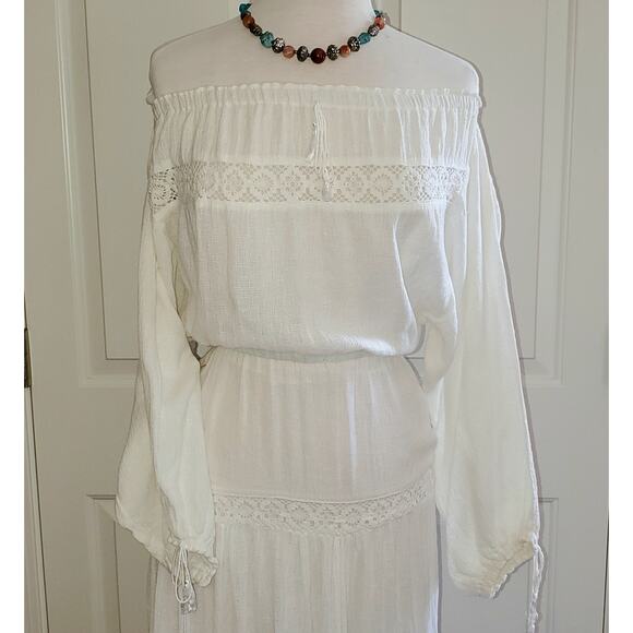 Vintage circa 1978 Bohemian Crochet Panels and Woven Cotton blend Midi Dress SzS - Picture 2 of 11